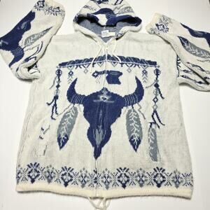 YARi Artensia Western Longhorn Aztec Hooded Soft Wool Zip Sweater Mens Medium